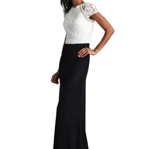 Tadashi Shoji Black Ivory Lace & Crepe A-Line Gown - Picture 1 of 7
